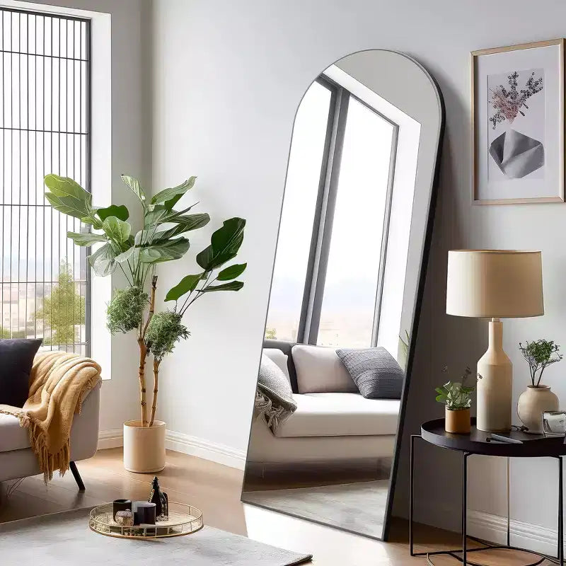 Specchio da terra grande ad arco 71x31 con cornice in laminato di legno, nero