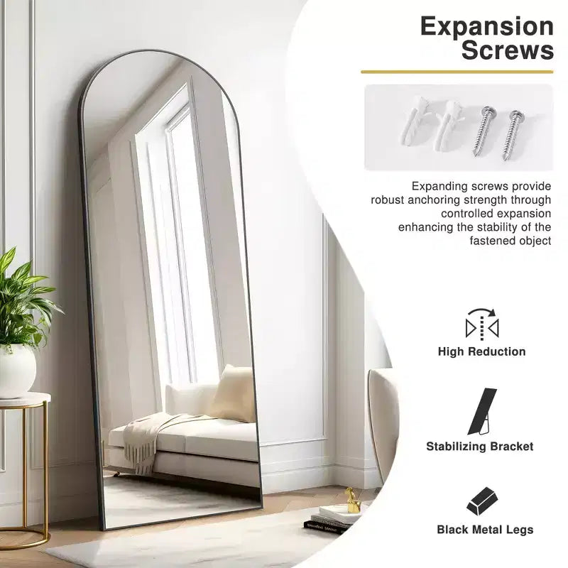 Specchio da terra grande ad arco 71x31 con cornice in laminato di legno, nero