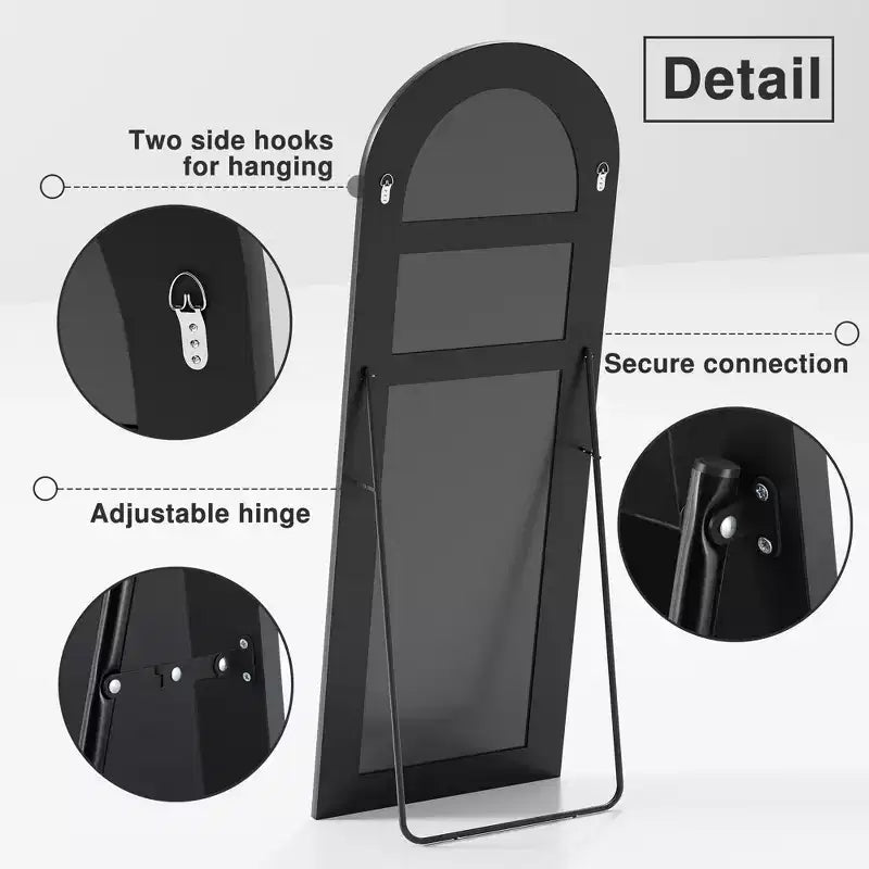 Specchio da terra grande ad arco 71x31 con cornice in laminato di legno, nero