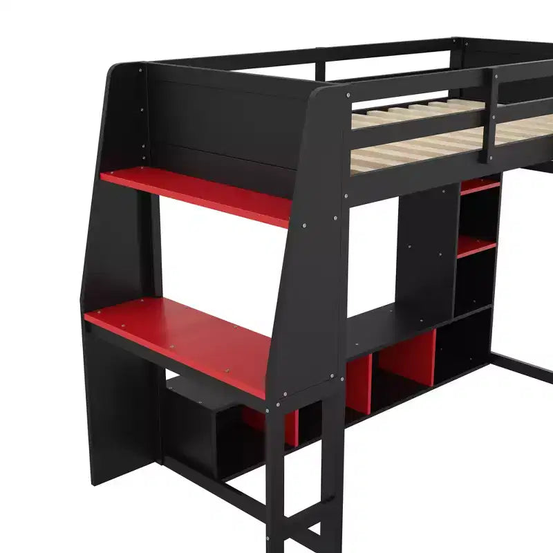 Letto a soppalco matrimoniale/full size con scrivania, luci a LED, mensole e appendiabiti