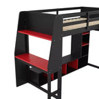 Letto a soppalco matrimoniale/full size con scrivania, luci a LED, mensole e appendiabiti