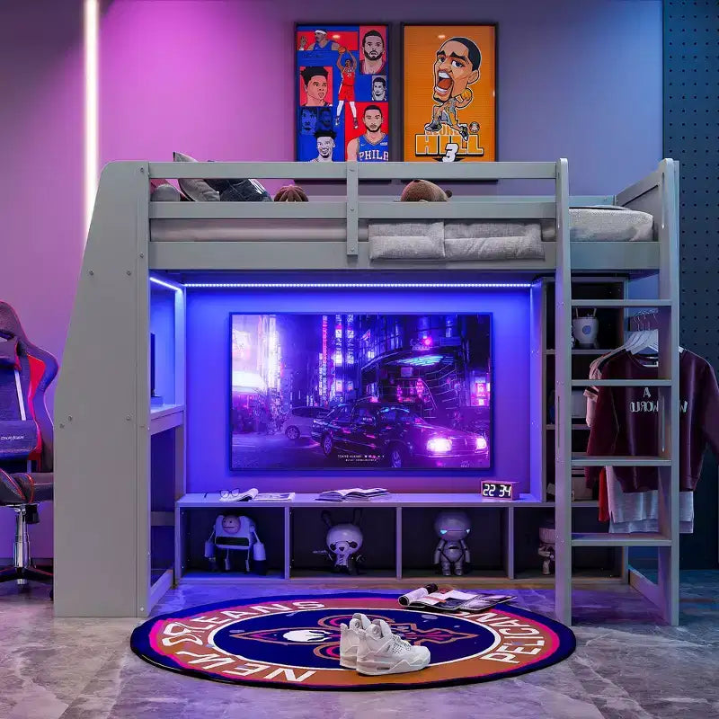 Letto a soppalco matrimoniale/full size con scrivania, luci a LED, mensole e appendiabiti