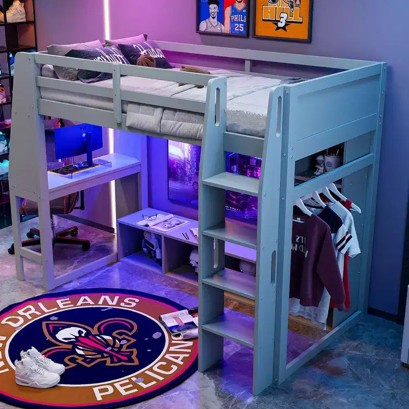 Letto a soppalco matrimoniale/full size con scrivania, luci a LED, mensole e appendiabiti