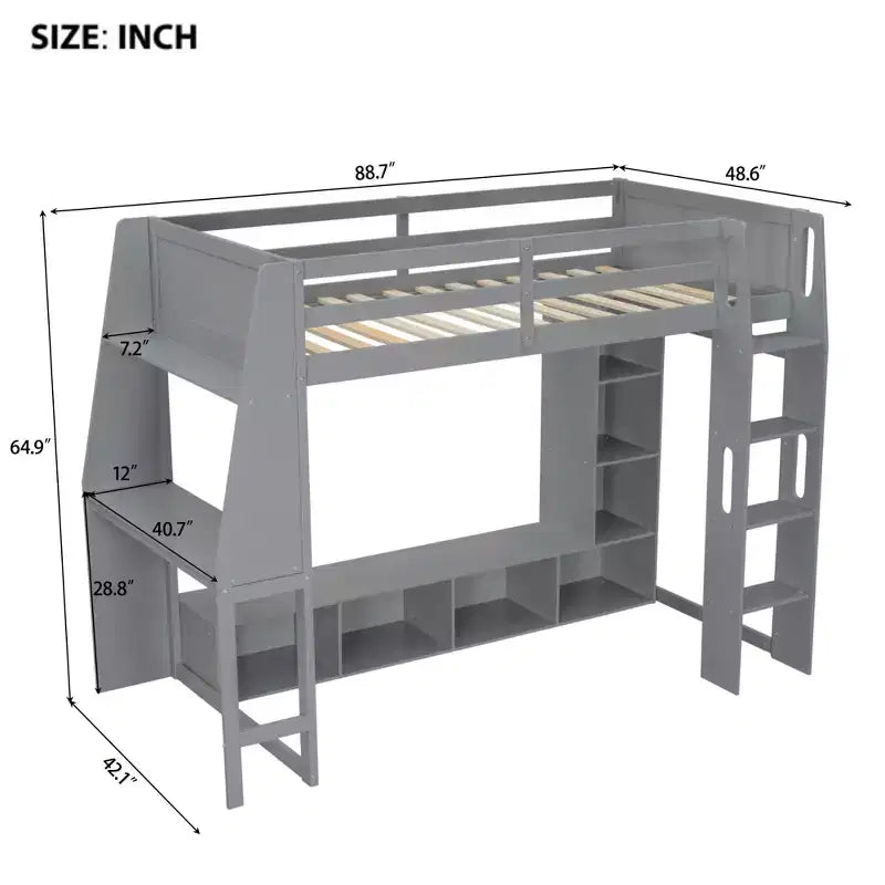 Letto a soppalco matrimoniale/full size con scrivania, luci a LED, mensole e appendiabiti