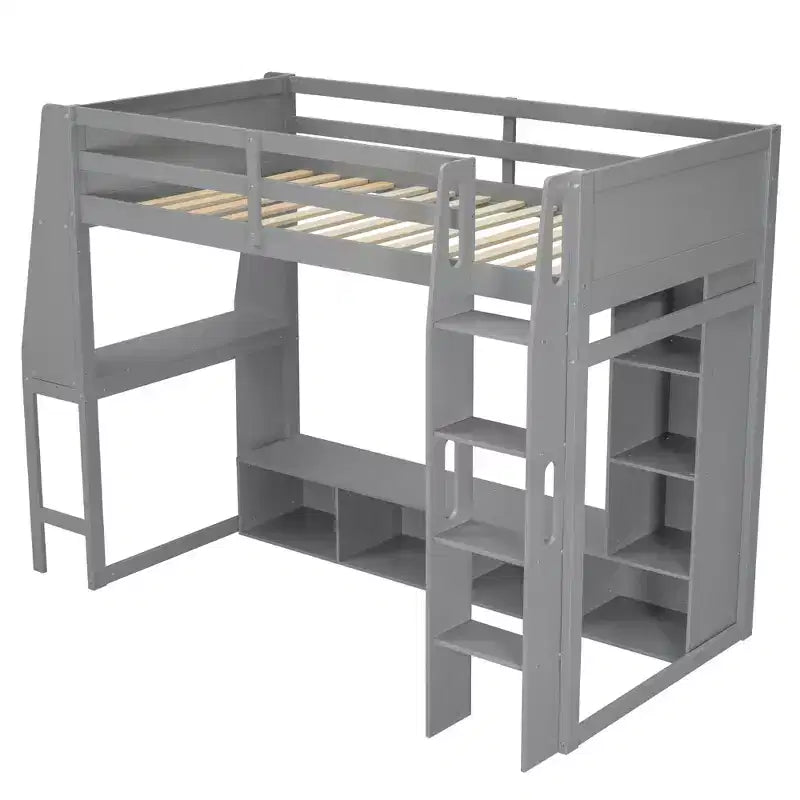 Letto a soppalco matrimoniale/full size con scrivania, luci a LED, mensole e appendiabiti
