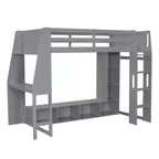Letto a soppalco matrimoniale/full size con scrivania, luci a LED, mensole e appendiabiti