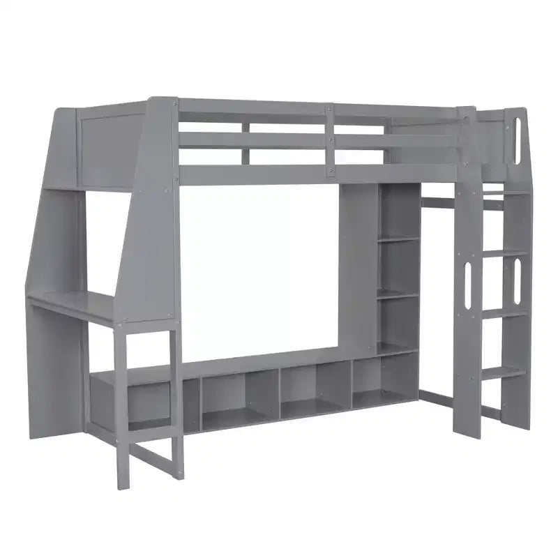 Letto a soppalco matrimoniale/full size con scrivania, luci a LED, mensole e appendiabiti