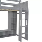 Letto a soppalco matrimoniale/full size con scrivania, luci a LED, mensole e appendiabiti