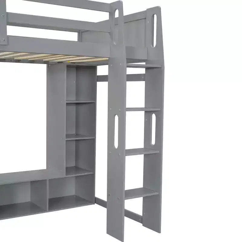 Letto a soppalco matrimoniale/full size con scrivania, luci a LED, mensole e appendiabiti