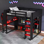 Letto a soppalco matrimoniale/full size con scrivania, luci a LED, mensole e appendiabiti