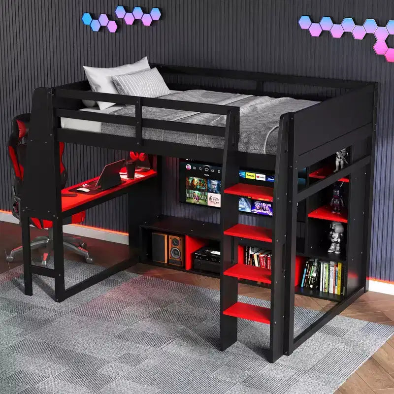 Letto a soppalco matrimoniale/full size con scrivania, luci a LED, mensole e appendiabiti