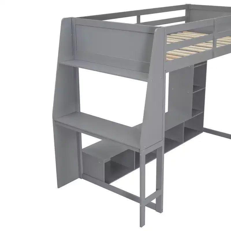 Letto a soppalco matrimoniale/full size con scrivania, luci a LED, mensole e appendiabiti