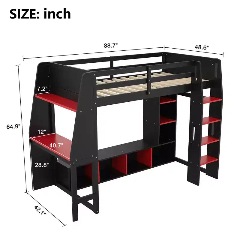Letto a soppalco matrimoniale/full size con scrivania, luci a LED, mensole e appendiabiti