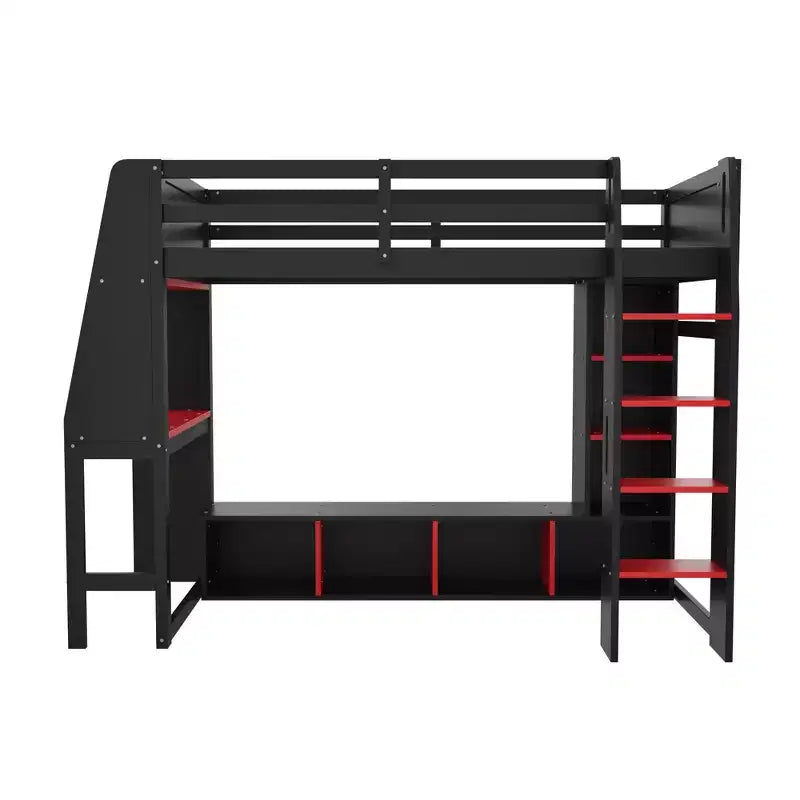 Letto a soppalco matrimoniale/full size con scrivania, luci a LED, mensole e appendiabiti