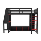Letto a soppalco matrimoniale/full size con scrivania, luci a LED, mensole e appendiabiti