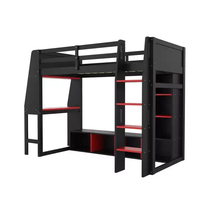 Letto a soppalco matrimoniale/full size con scrivania, luci a LED, mensole e appendiabiti