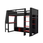 Letto a soppalco matrimoniale/full size con scrivania, luci a LED, mensole e appendiabiti