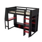 Letto a soppalco matrimoniale/full size con scrivania, luci a LED, mensole e appendiabiti