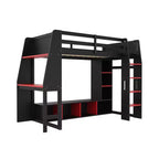 Letto a soppalco matrimoniale/full size con scrivania, luci a LED, mensole e appendiabiti