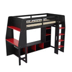 Letto a soppalco matrimoniale/full size con scrivania, luci a LED, mensole e appendiabiti