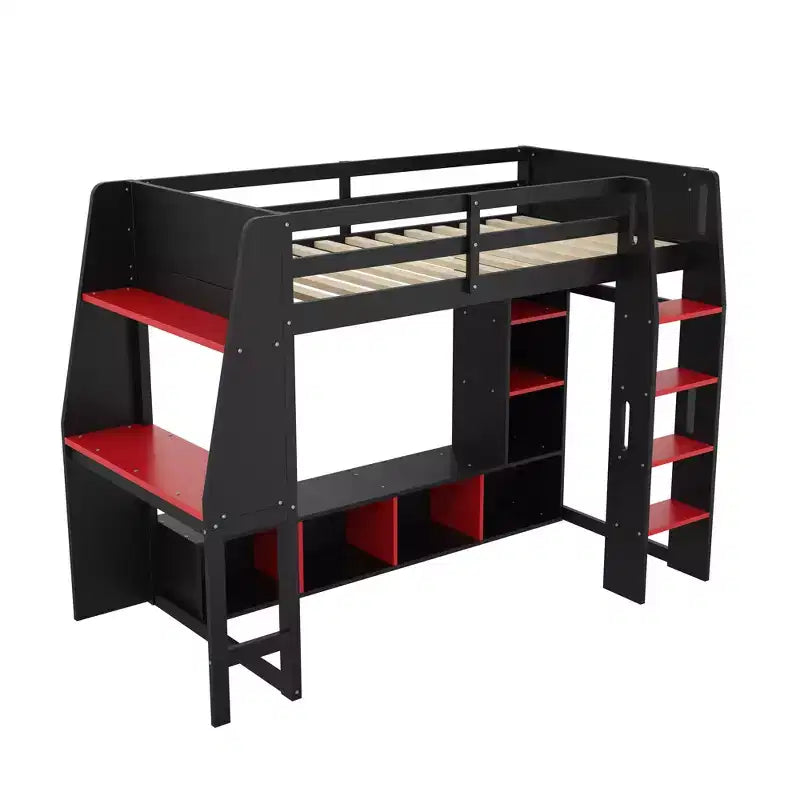 Letto a soppalco matrimoniale/full size con scrivania, luci a LED, mensole e appendiabiti
