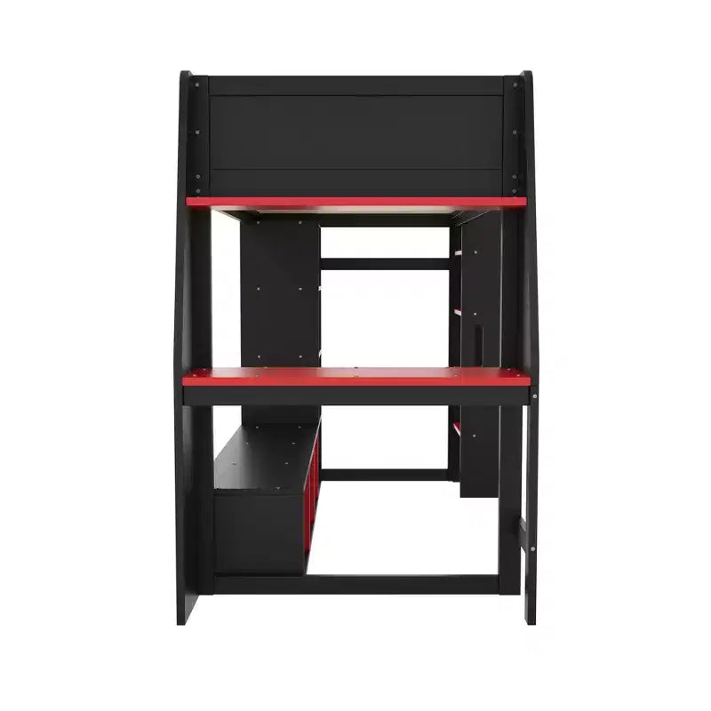 Letto a soppalco matrimoniale/full size con scrivania, luci a LED, mensole e appendiabiti