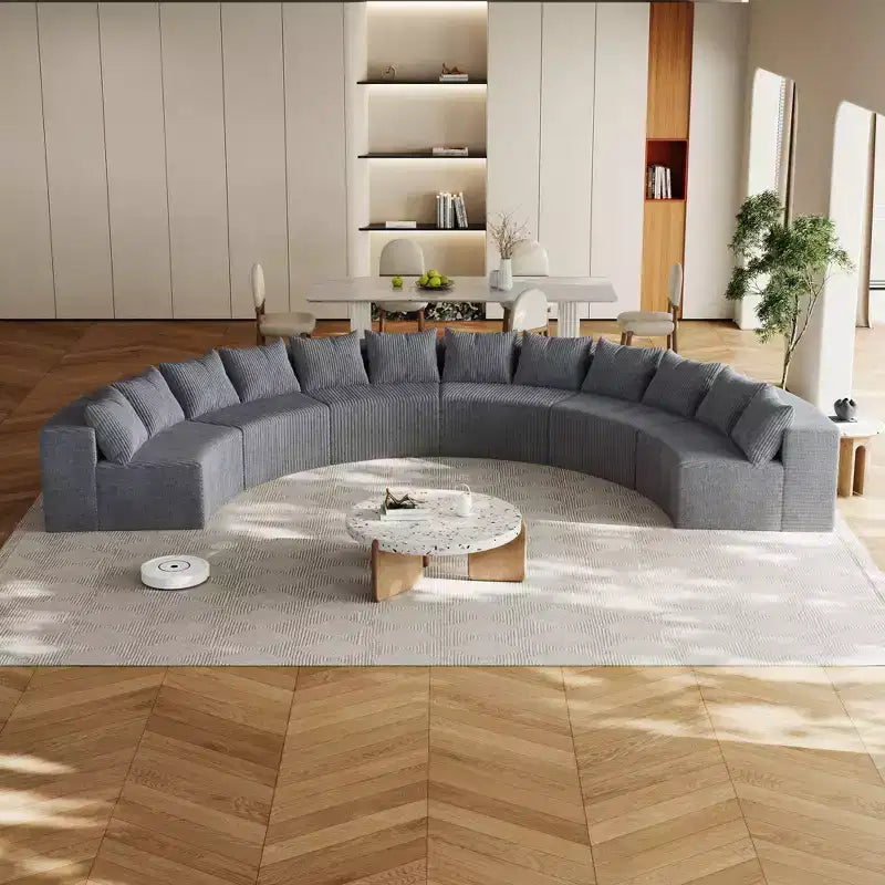 Divano Sezionale Curvo in Velluto a Coste con Cuscini – Design Modulare Semicircolare a 6 Moduli