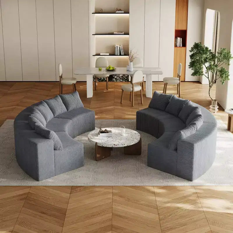 Divano Sezionale Curvo in Velluto a Coste con Cuscini – Design Modulare Semicircolare a 6 Moduli
