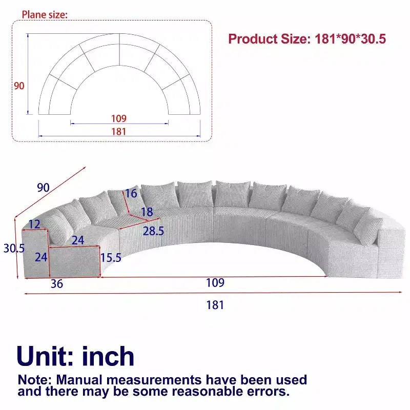 Divano Sezionale Curvo in Velluto a Coste con Cuscini – Design Modulare Semicircolare a 6 Moduli