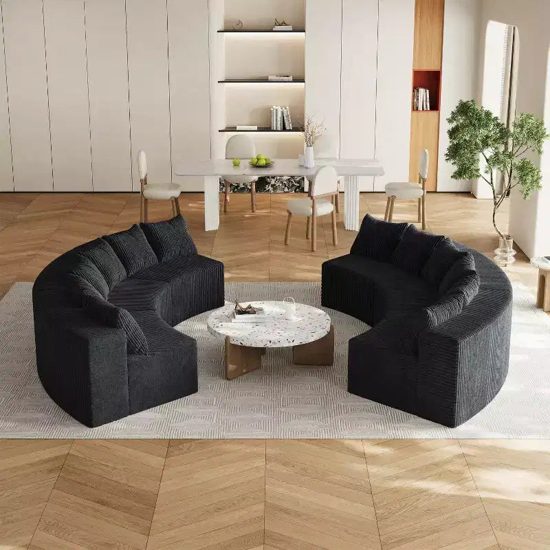 Divano Sezionale Curvo in Velluto a Coste con Cuscini – Design Modulare Semicircolare a 6 Moduli