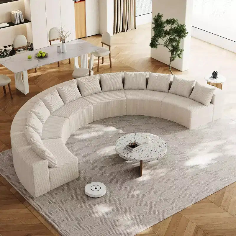 Divano Sezionale Curvo in Velluto a Coste con Cuscini – Design Modulare Semicircolare a 6 Moduli