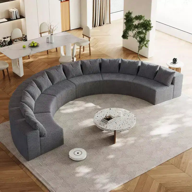 Divano Sezionale Curvo in Velluto a Coste con Cuscini – Design Modulare Semicircolare a 6 Moduli