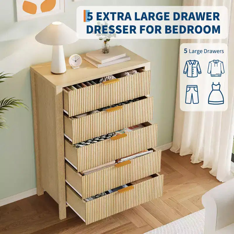 Cassettiera a 5 cassetti scanalata, comò sottile alto 114 cm per piccoli spazi, stile moderno rustico per camera da letto, cameretta, appartamento