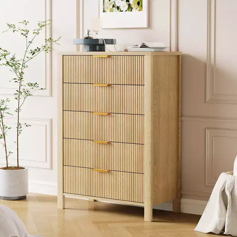 Cassettiera a 5 cassetti scanalata, comò sottile alto 114 cm per piccoli spazi, stile moderno rustico per camera da letto, cameretta, appartamento