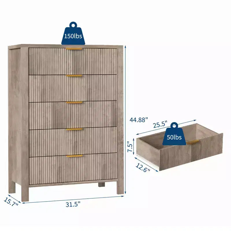 Cassettiera a 5 cassetti scanalata, comò sottile alto 114 cm per piccoli spazi, stile moderno rustico per camera da letto, cameretta, appartamento