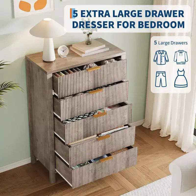 Cassettiera a 5 cassetti scanalata, comò sottile alto 114 cm per piccoli spazi, stile moderno rustico per camera da letto, cameretta, appartamento