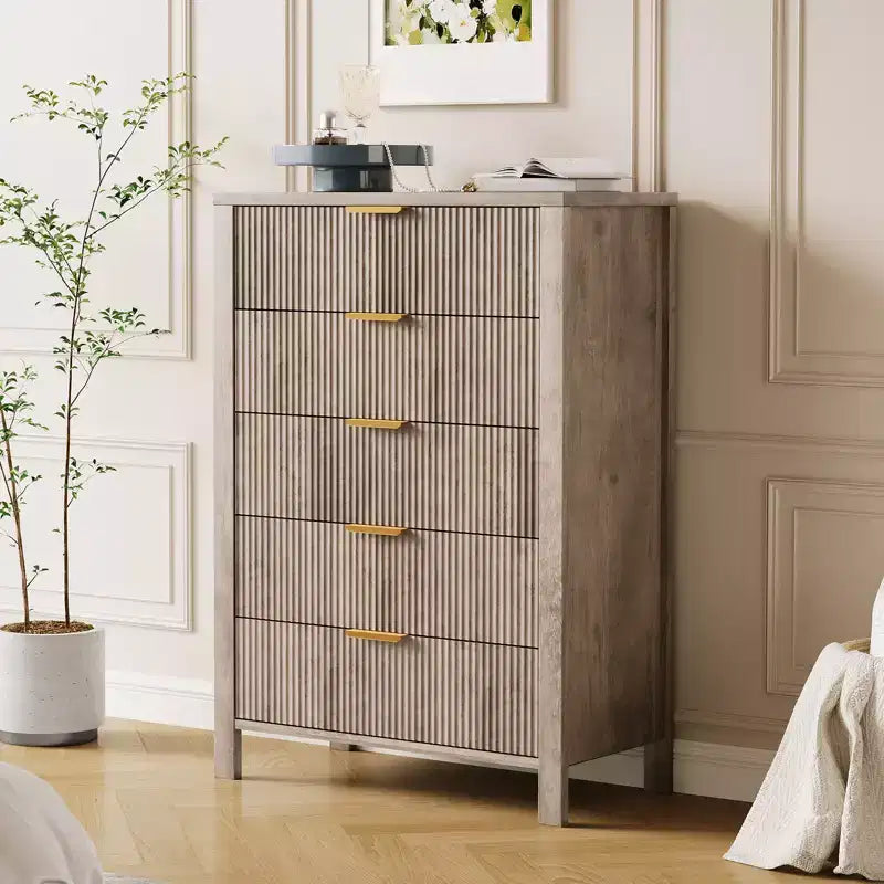 Cassettiera a 5 cassetti scanalata, comò sottile alto 114 cm per piccoli spazi, stile moderno rustico per camera da letto, cameretta, appartamento