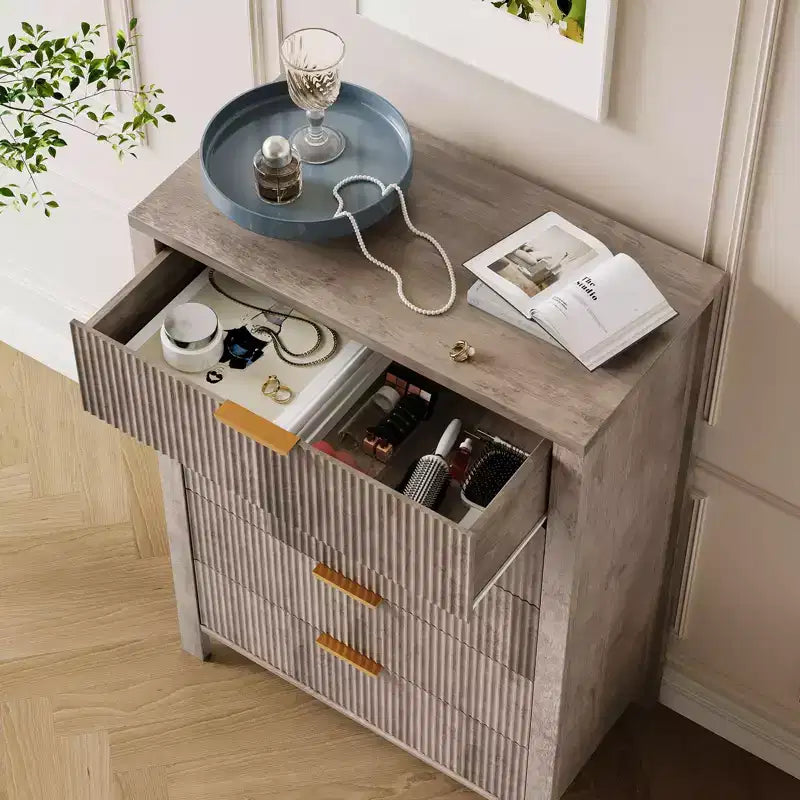 Cassettiera a 5 cassetti scanalata, comò sottile alto 114 cm per piccoli spazi, stile moderno rustico per camera da letto, cameretta, appartamento