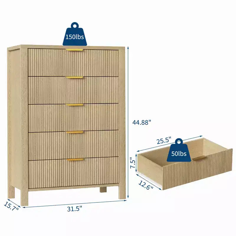 Cassettiera a 5 cassetti scanalata, comò sottile alto 114 cm per piccoli spazi, stile moderno rustico per camera da letto, cameretta, appartamento