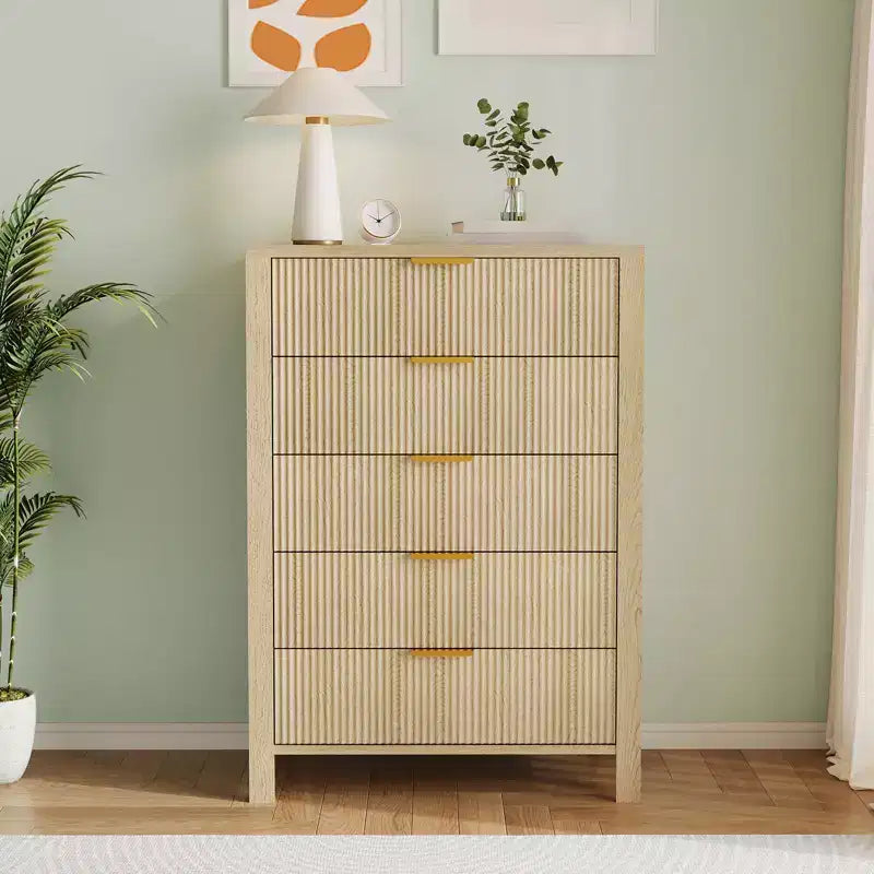 Cassettiera a 5 cassetti scanalata, comò sottile alto 114 cm per piccoli spazi, stile moderno rustico per camera da letto, cameretta, appartamento