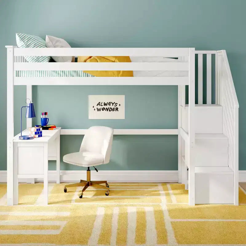 Letto a soppalco alto singolo con scrivania e scala