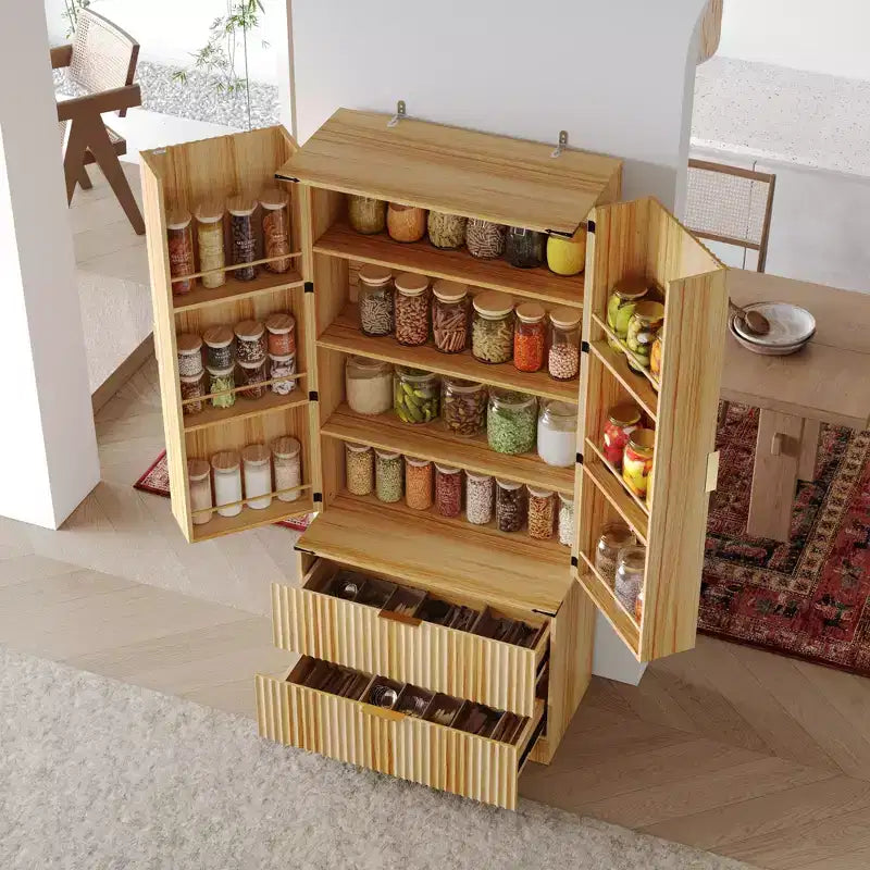 Dispensa da cucina con ante magnetiche effetto legno, ripiani regolabili e cassetti