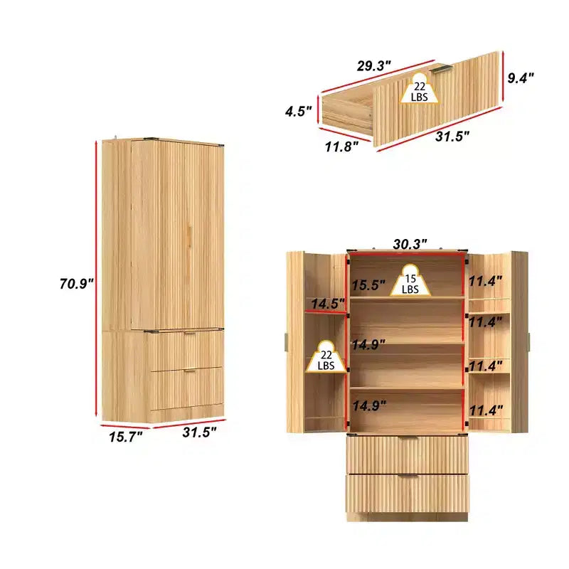 Dispensa da cucina con ante magnetiche effetto legno, ripiani regolabili e cassetti
