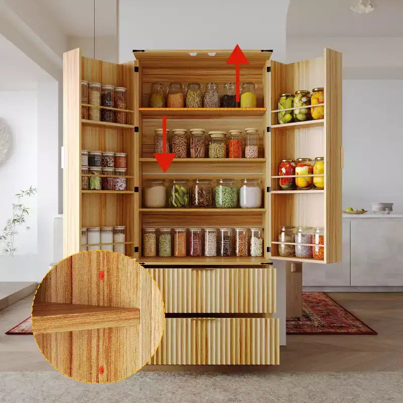 Dispensa da cucina con ante magnetiche effetto legno, ripiani regolabili e cassetti