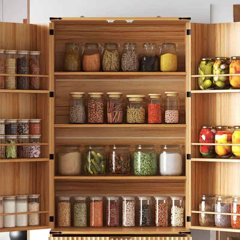 Dispensa da cucina con ante magnetiche effetto legno, ripiani regolabili e cassetti