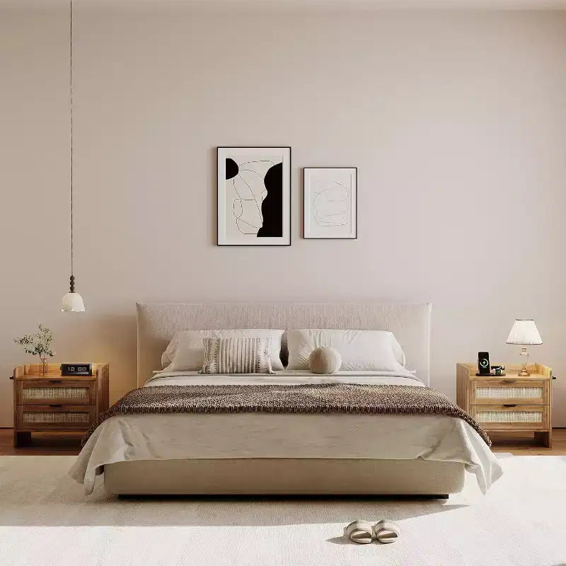 Set di 2 comodini in vimini con stazione di ricarica Type-C e 2 cassetti