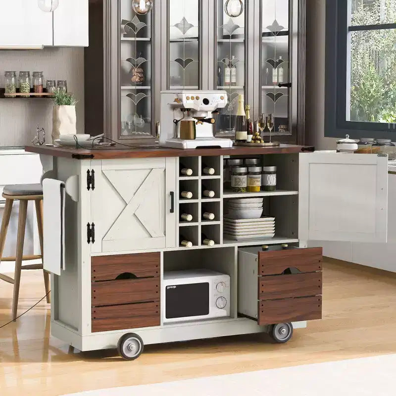 Isola da cucina con anta a ribalta e presa di corrente, armadio contenitore con 2 ante, 2 cassetti e organizer da piano di lavoro