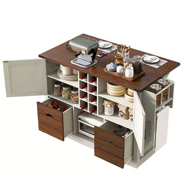 Isola da cucina con anta a ribalta e presa di corrente, armadio contenitore con 2 ante, 2 cassetti e organizer da piano di lavoro