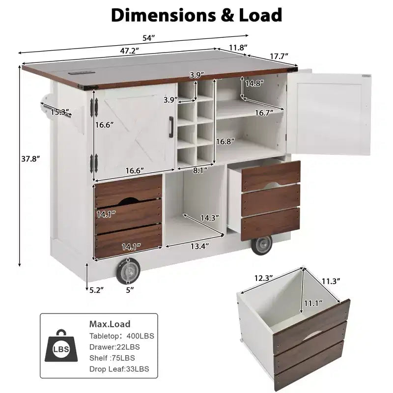 Isola da cucina con anta a ribalta e presa di corrente, armadio contenitore con 2 ante, 2 cassetti e organizer da piano di lavoro