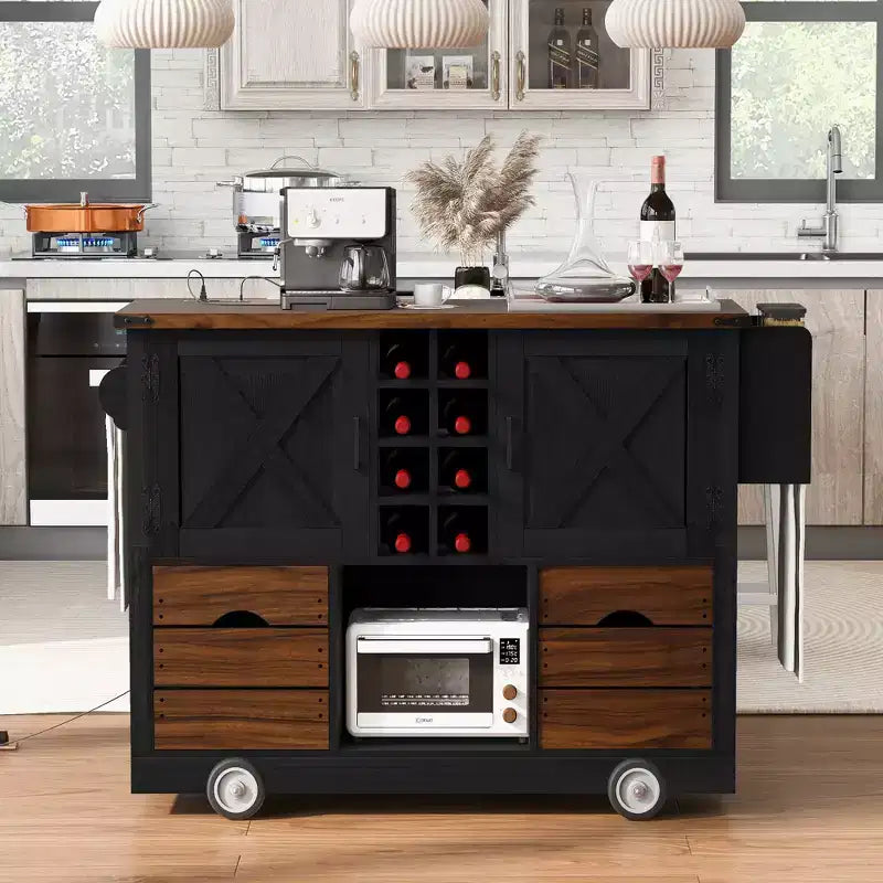 Isola da cucina con anta a ribalta e presa di corrente, armadio contenitore con 2 ante, 2 cassetti e organizer da piano di lavoro